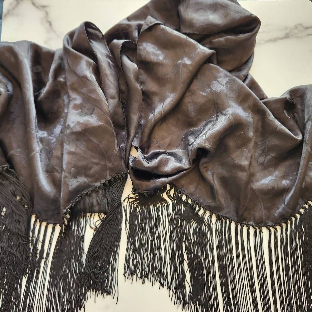 Collection XIIX black fringe shawl Mexican silky vintage extra long
